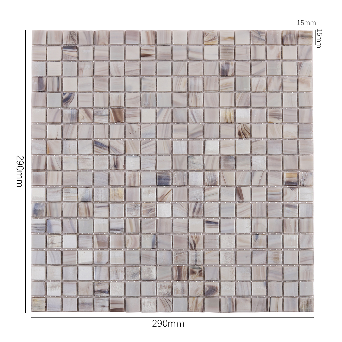 Gray Square Glass Mosaic Tile, displayed with size dimensions