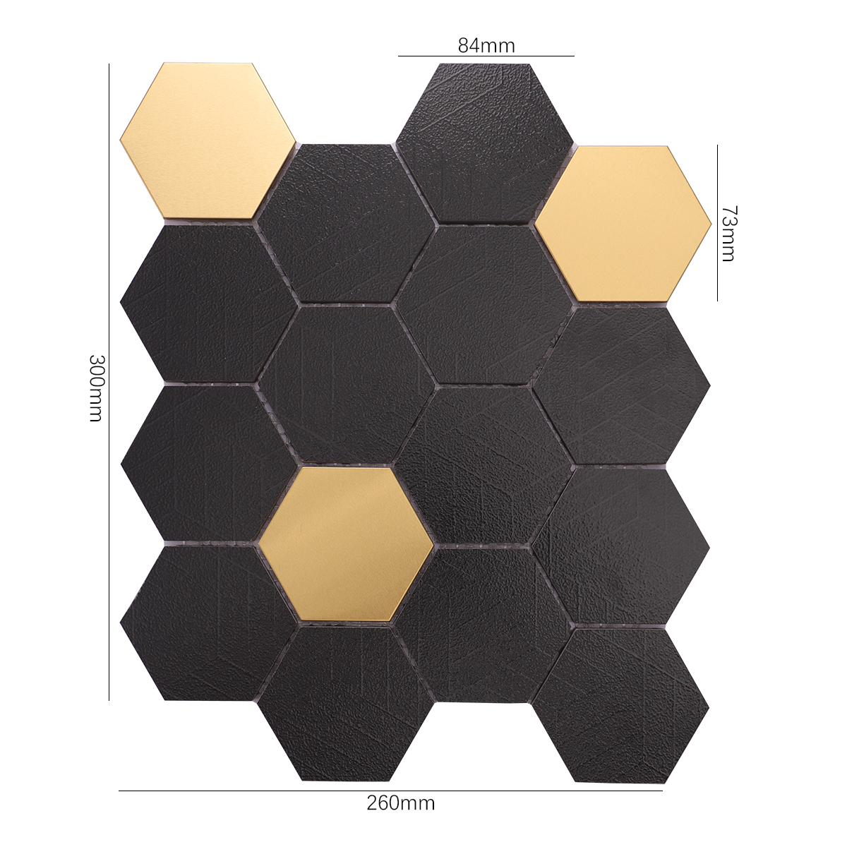 Black and Gold Hexagon Ceramic Metal Mosaic Tile, displayed with size dimensions