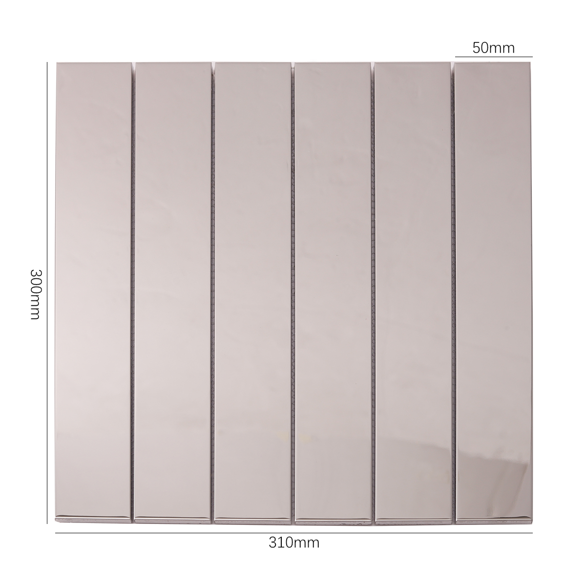  Mirrored Rectangle Strip Metal Silver Mosaic Tiles, displayed with size dimensions