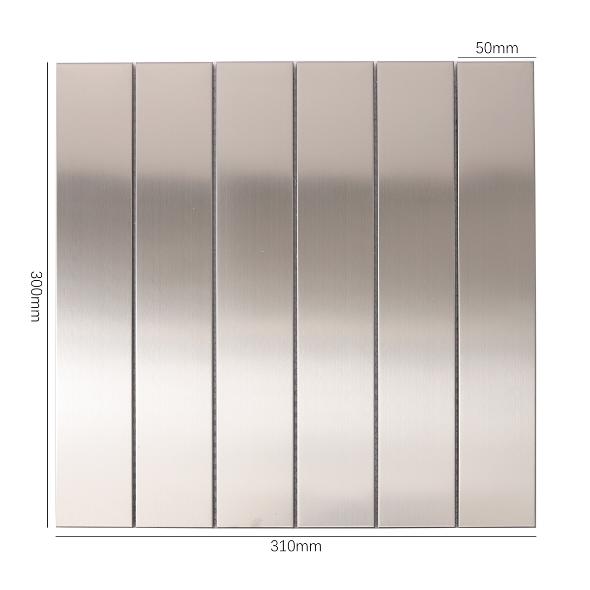 Stacked Brick Silver Brushed Stainless Steel Mosaic Tile, displayed with size dimensions