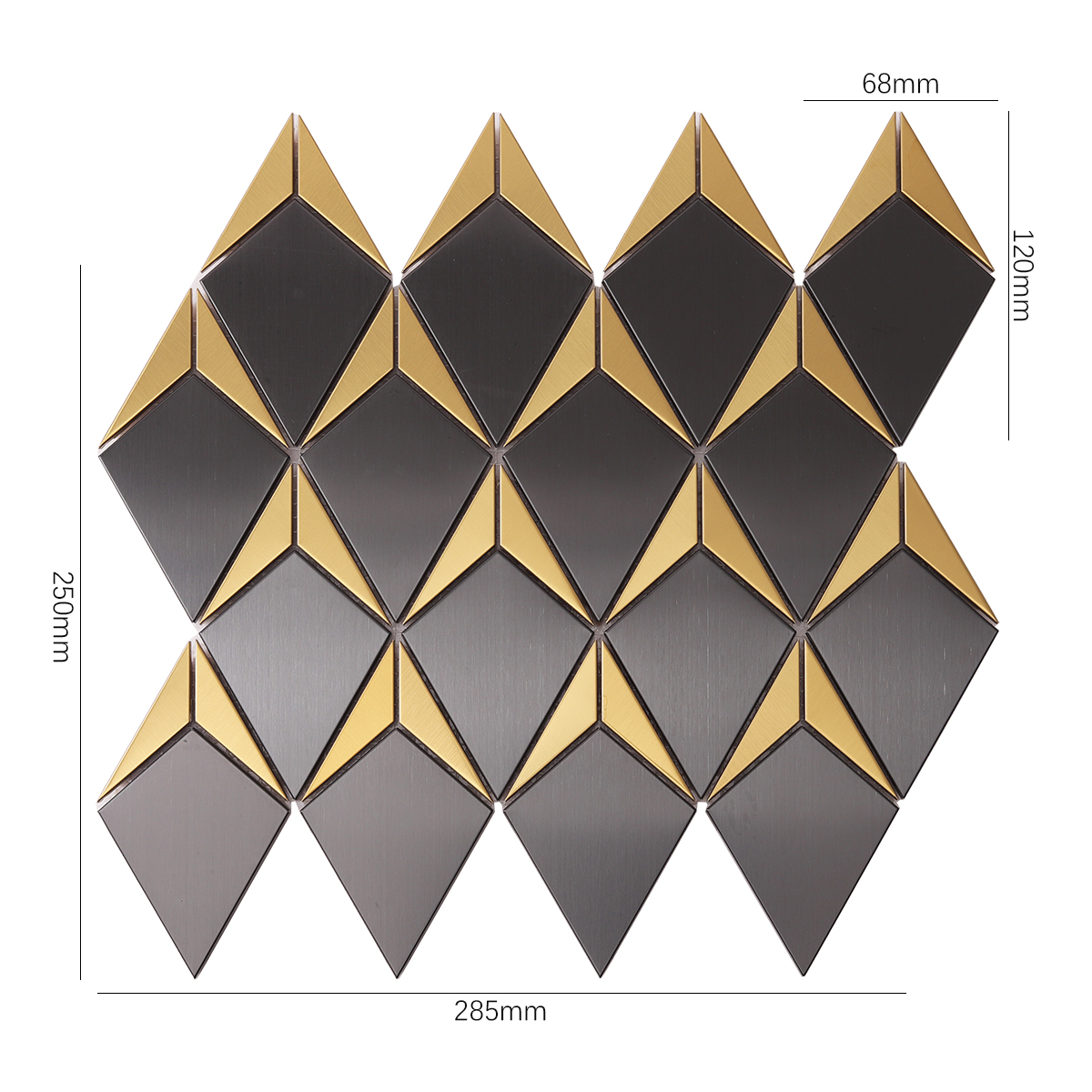 Black and Gold Diamond Metal Mosaic Tile, displayed with size dimensions, elegant and durable