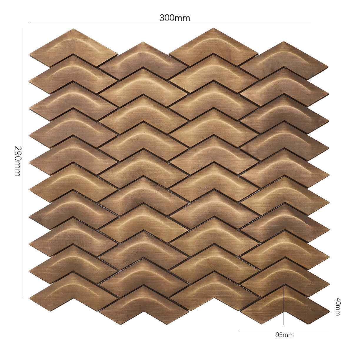 Chevron Brass Metal Mosaic Wall Tile, displayed with size dimensions, durable brass material