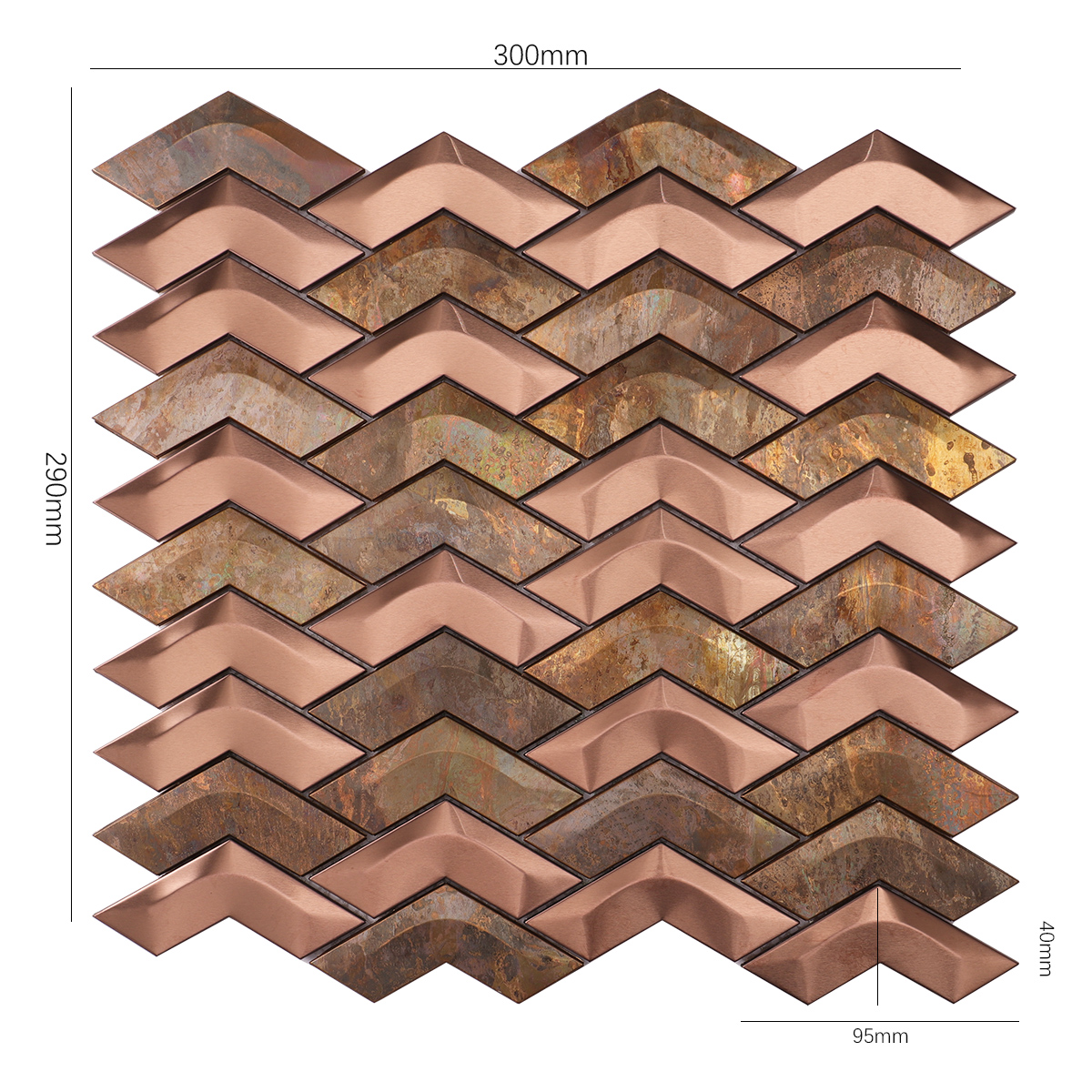 Copper and Stainless Steel Chevron 3D Metal Mosaic Tile, shown with size dimensions