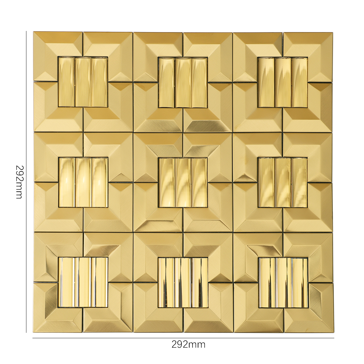 Glass Mix Metal Gold 3D Mosaic Backsplash Tile, shown with size dimensions