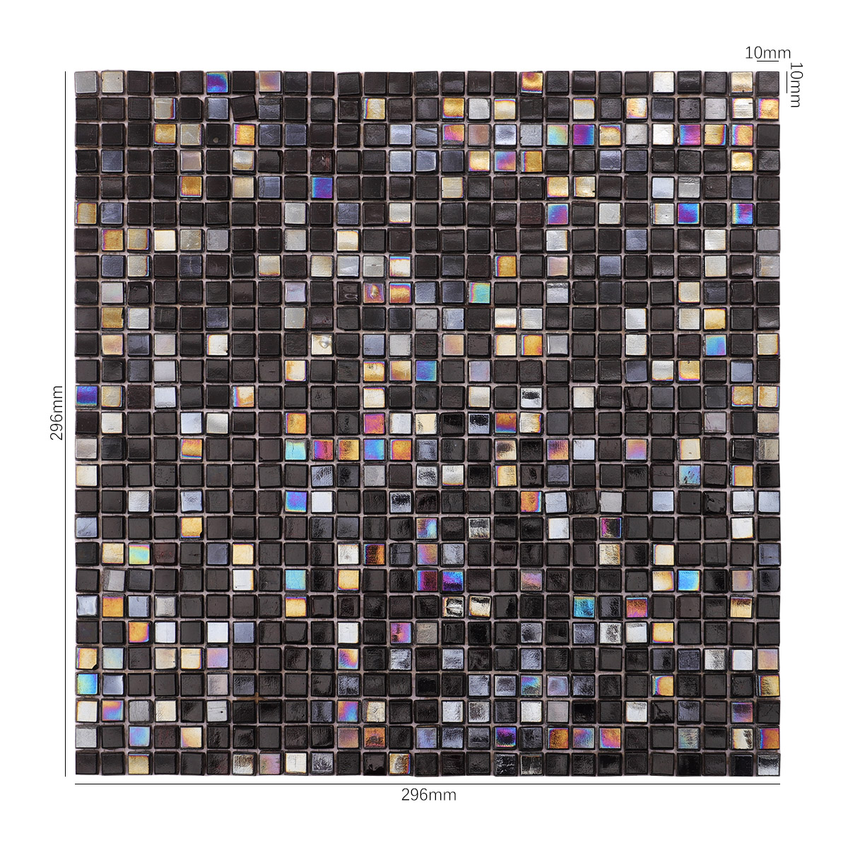 Mini Black Square Iridescent Glass Mosaic Tiles, shown with size dimensions, iridescent effect