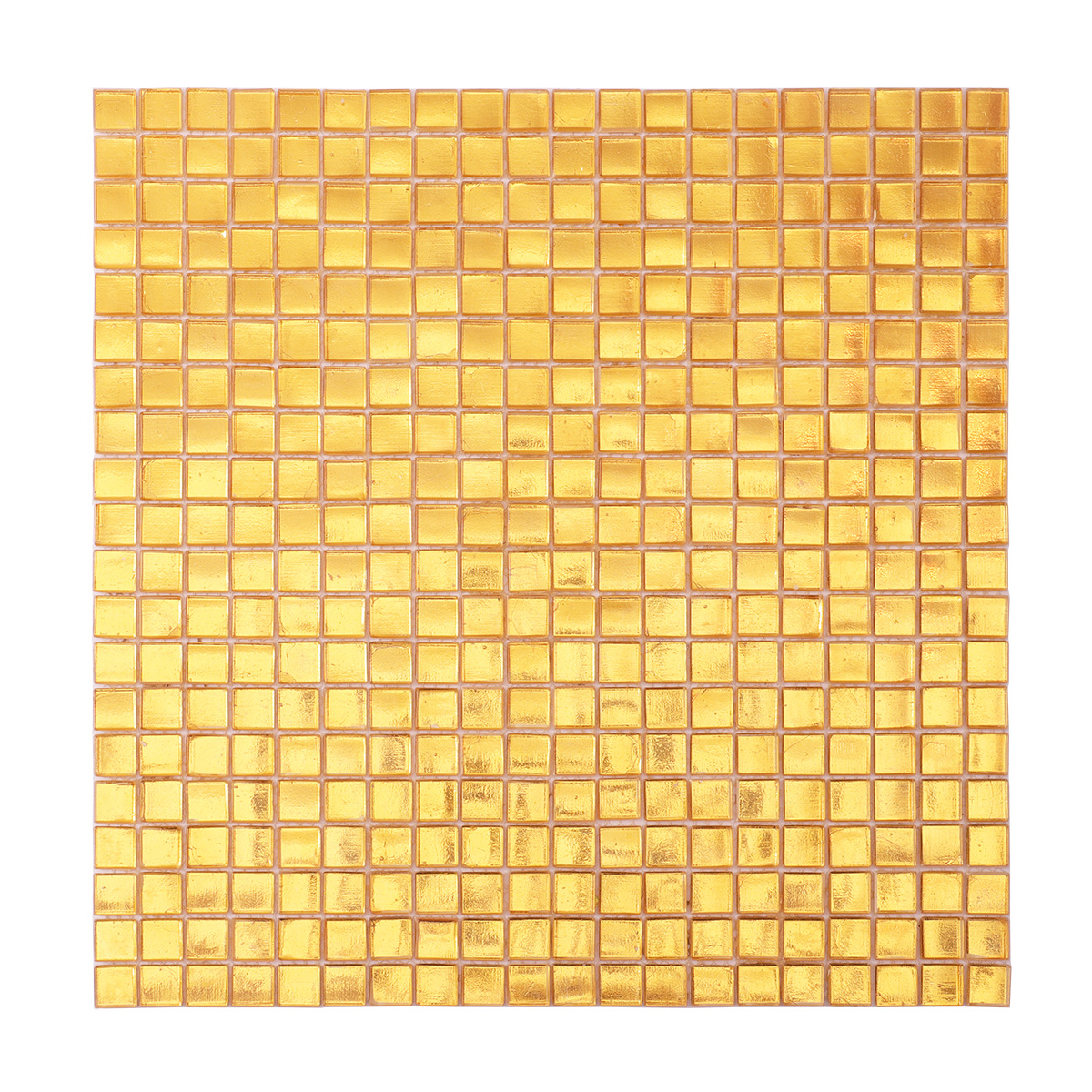 Glossy Gold Square Glass Mosaic Tile, obverse view, reflective and vibrant