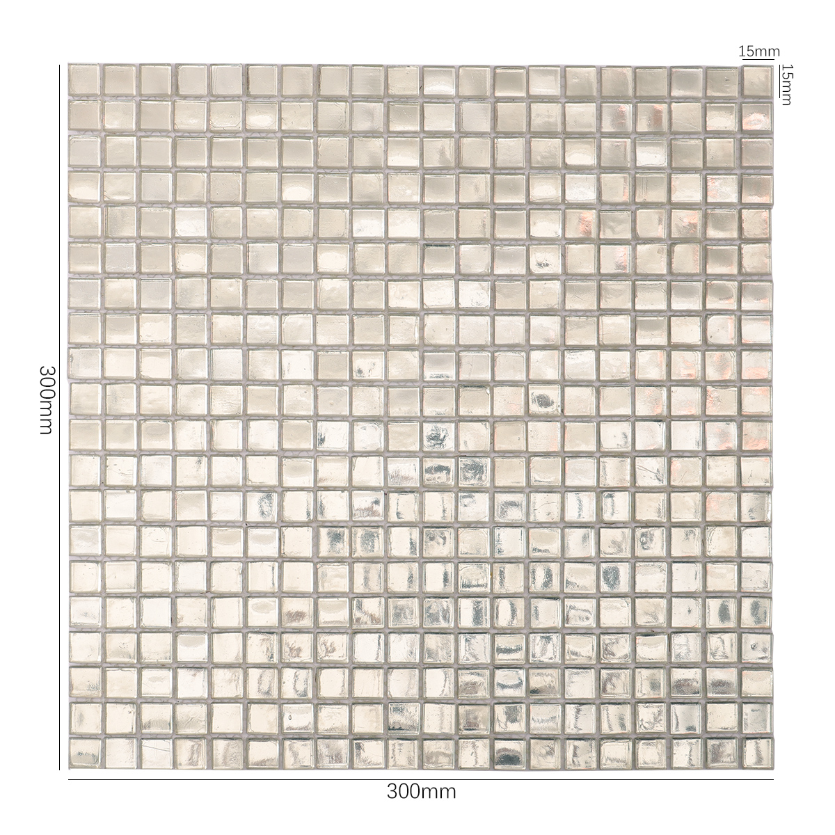 Silver Foil Square Glass Mosaic Wall Tile, displayed with size dimensions, elegant silver finish