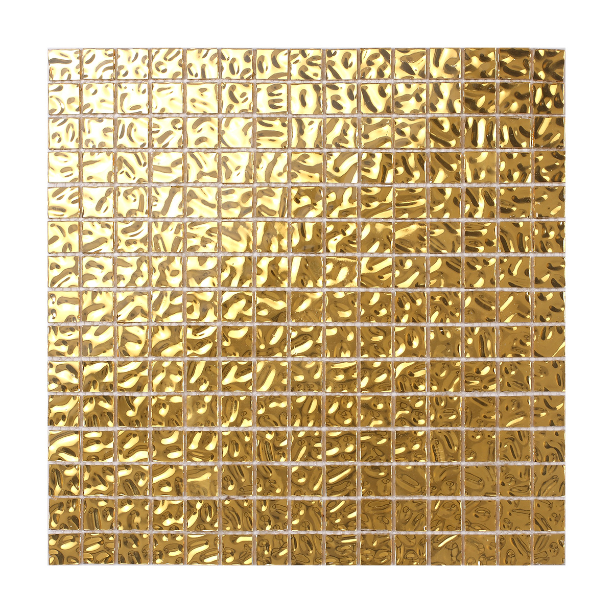 Glossy Gold Glass Uniform Square Mosaic Wall Tile, obverse side view, vibrant gold finish