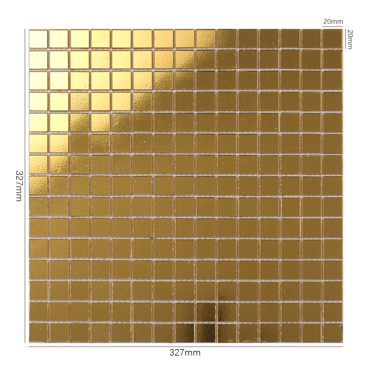 Golden Mirror Glass Square Mosaic Tiles, displayed with size dimensions