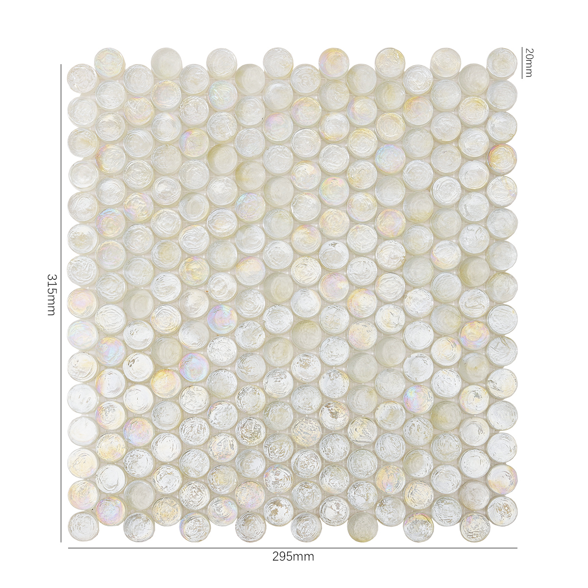 White Iridescent Penny Round Glass Mosaic Tile, shown with size dimensions