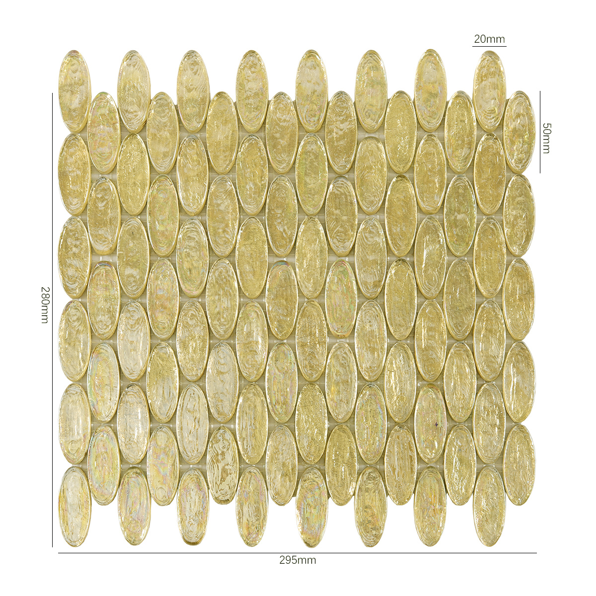 Gold Foil Oval Glass Mosaic Tile, shown with size dimensions, sleek and glossy