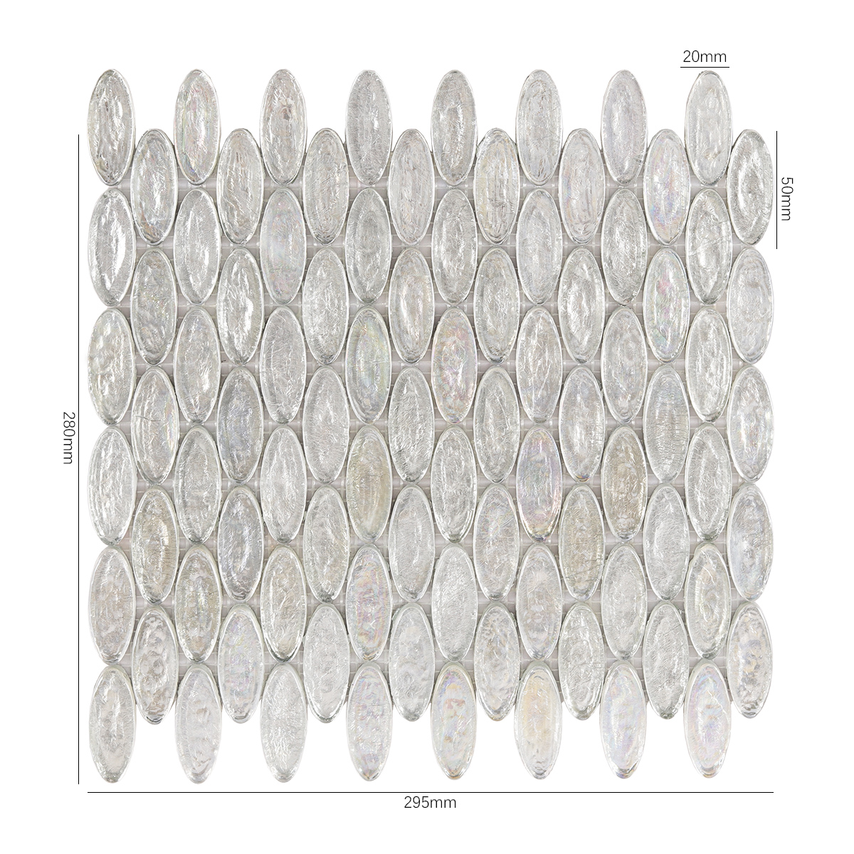 Oval Silver Iridescent Glass Mosaic Tiles, shown with size dimensions, elegant and glossy
