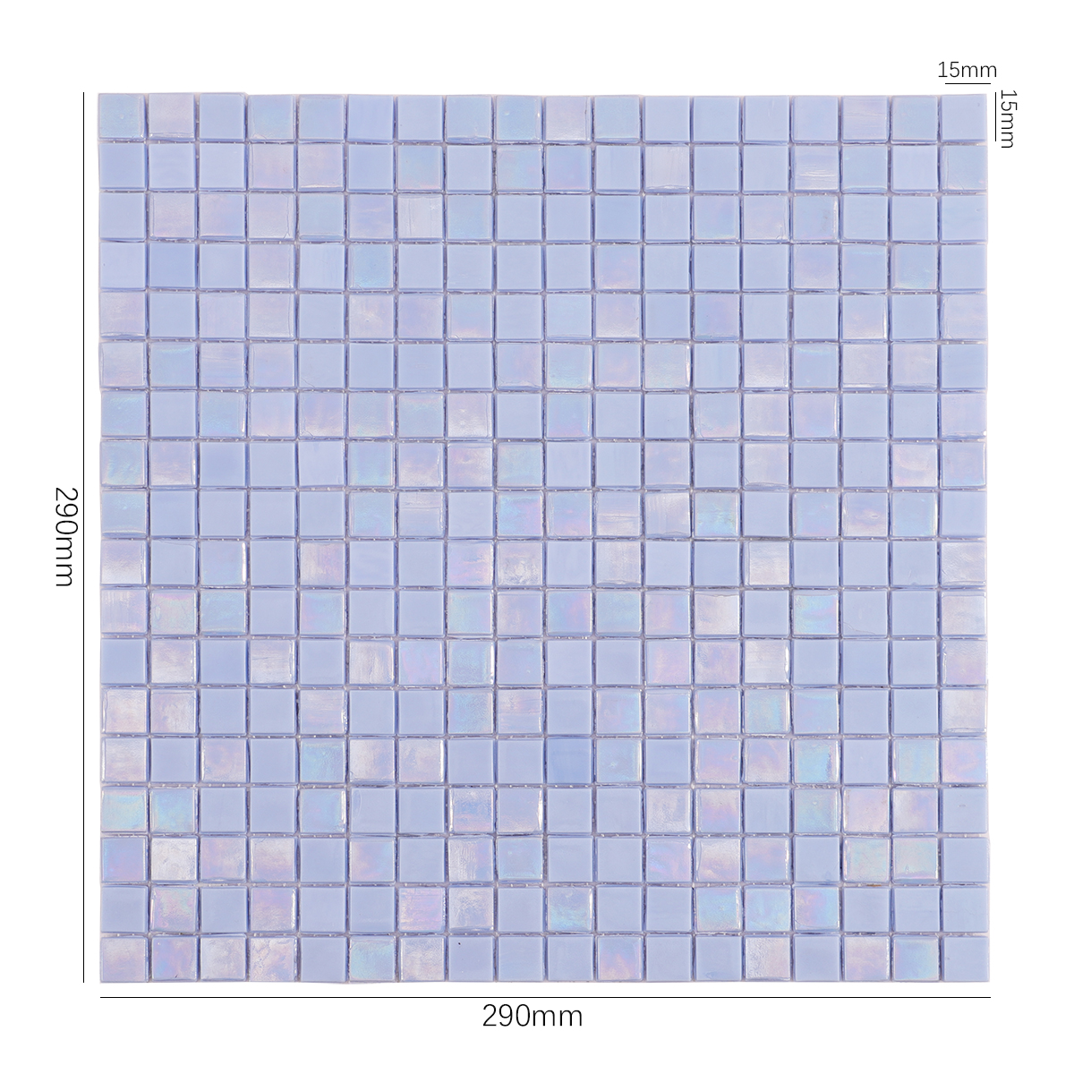 Ocean Blue Iridescent Glass Mosaic Pool Tile, displayed with size dimensions