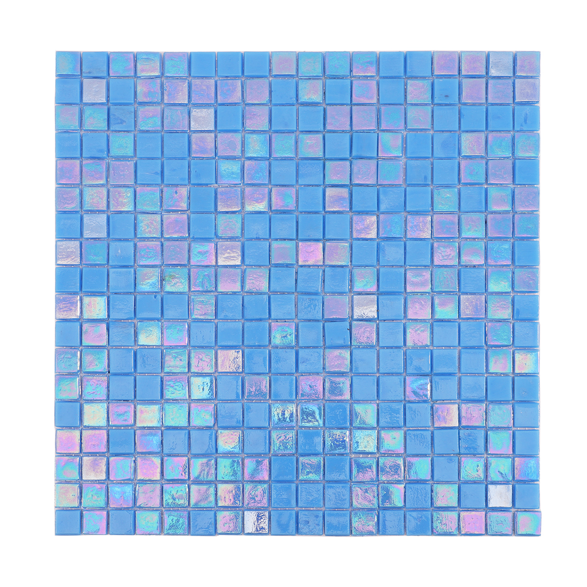 Iridescent Blue Glass Square Mosaic Floor Tile, obverse side view, showing glossy blue finish
