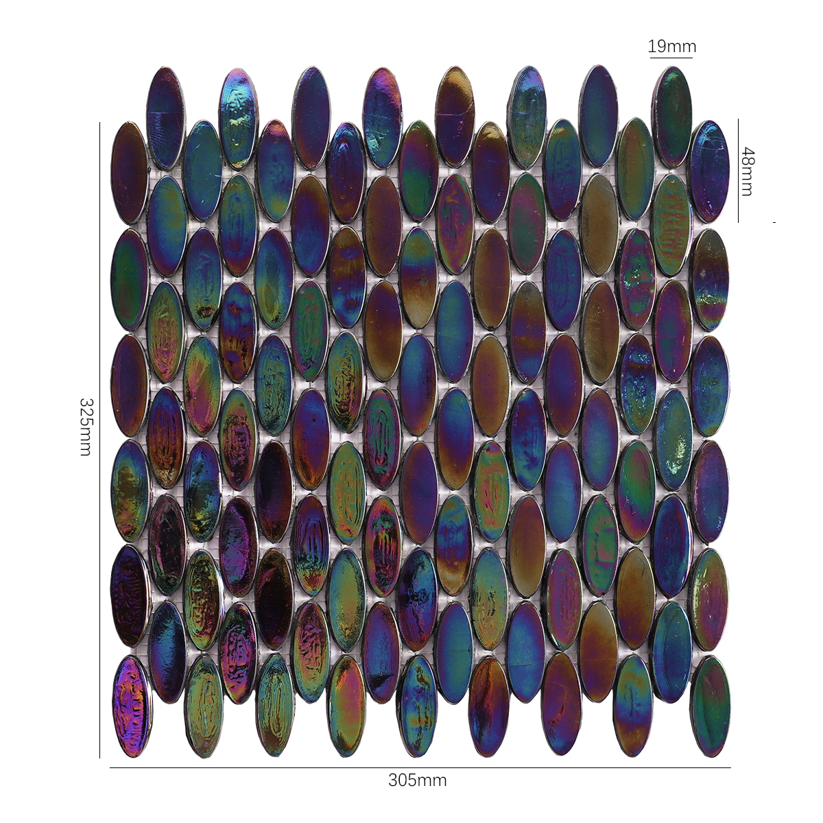 Oval Iridescent Black Glass Mosaic Floor Tile, shown with size dimensions, modern and shiny