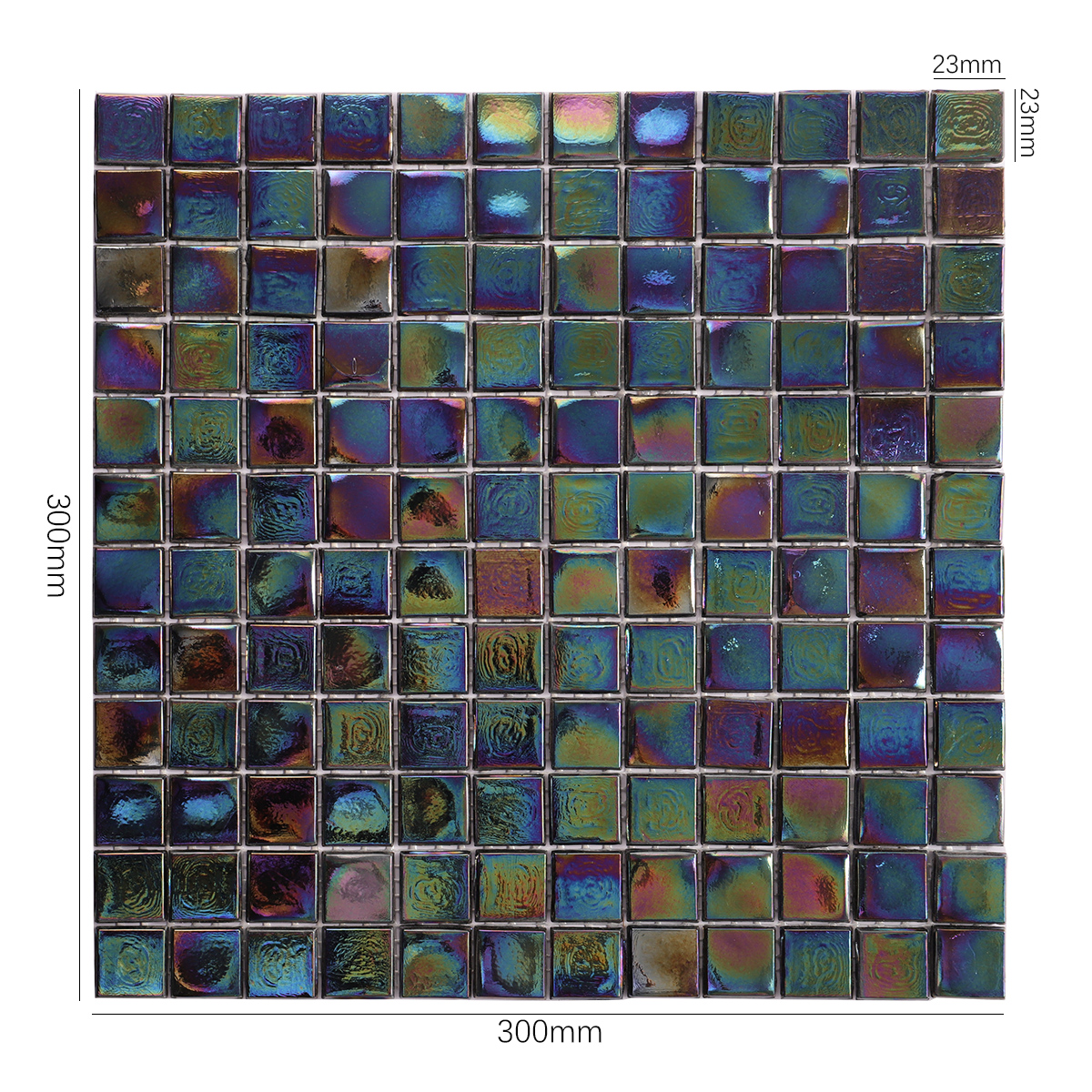 Black Square Iridescent Glass Mosaic Wall Tiles, shown with size dimensions, modern and shiny
