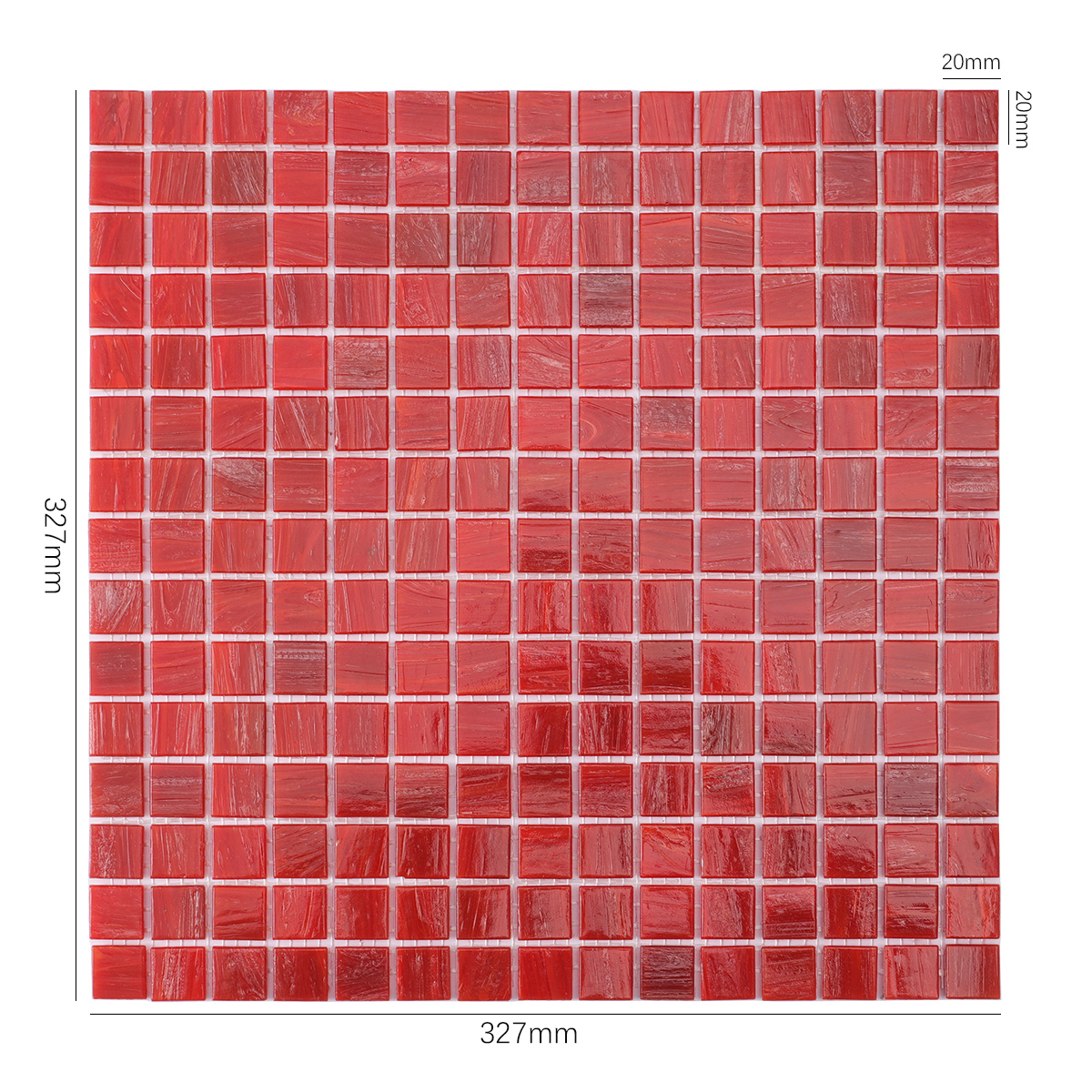 Red Square Glass Mosaic Bathroom Wall Tile, shown with size dimensions, modern red design