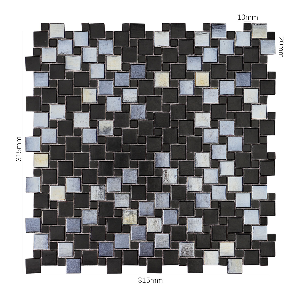 Windmill Pattern Black Glass Mosaic Tile, displayed with size dimensions