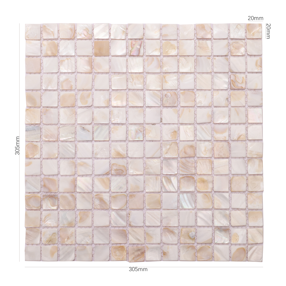 Seashell Mother of Pearl Square Mosaic Tiles, shown with size dimensions, natural and glossy