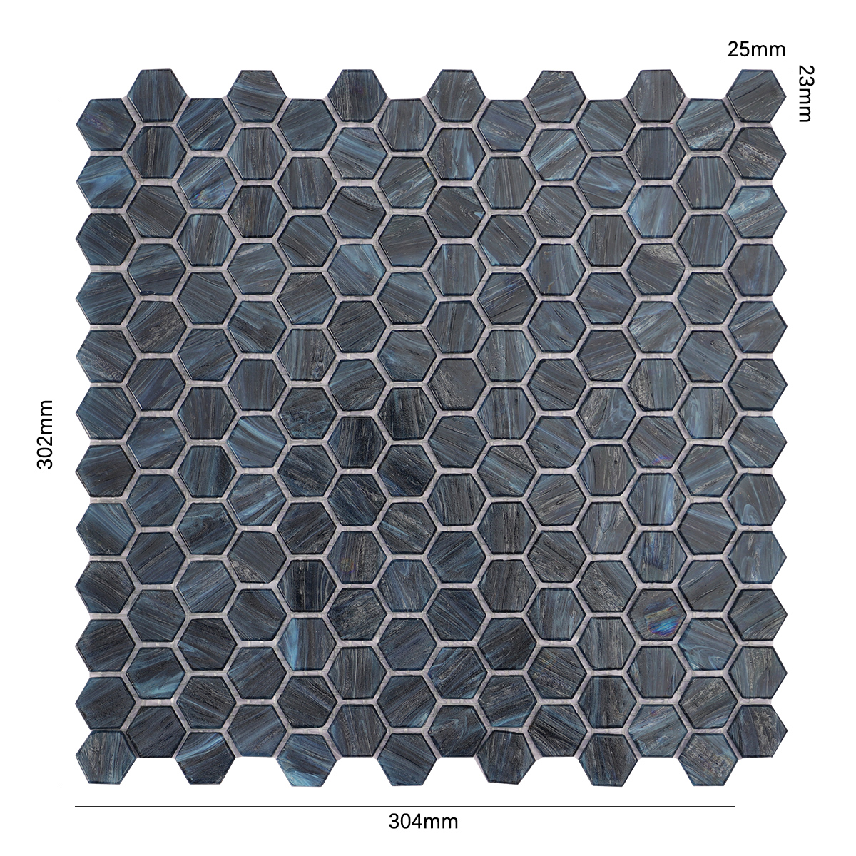 Navy Blue Hexagon Glass Mosaic Tile, shown with size dimensions