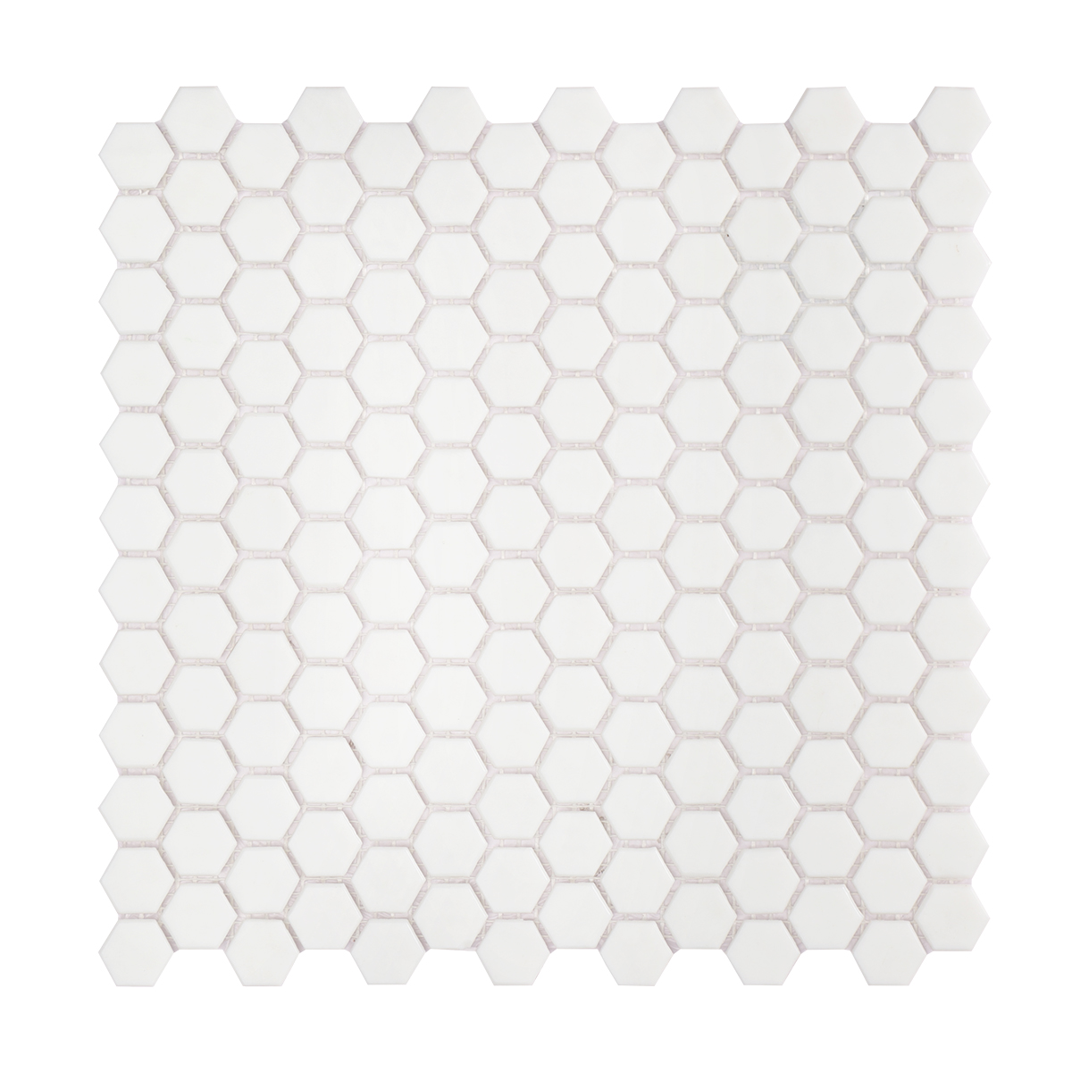 White Hexagon Glass Mosaic Tile, obverse view, smooth glossy finish, modern design