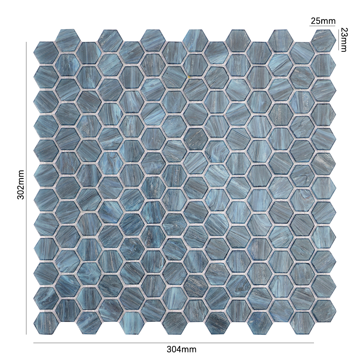  Navy Blue Hexagon Glass Mosaic Tile Backsplash with size reference