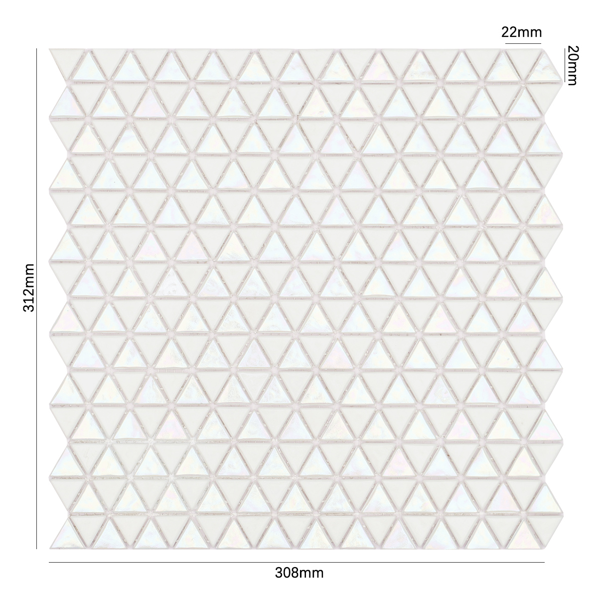 Glossy Iridescent White Glass Triangle Mosaic Tile with size reference