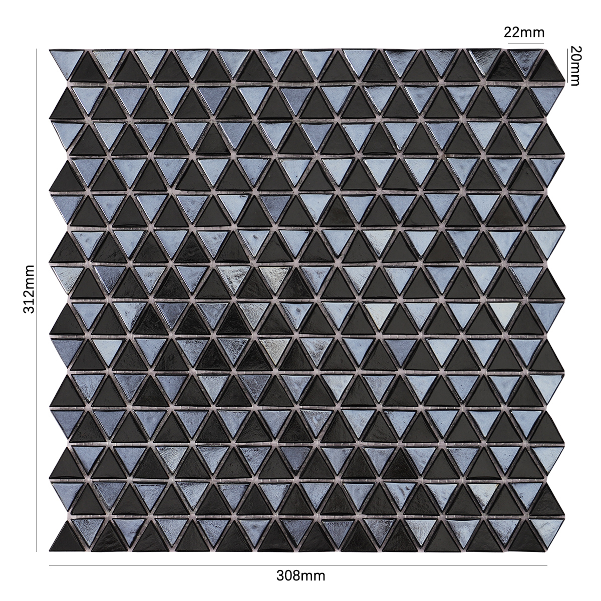  Glossy Mini Triangle Black Glass Mosaic Tile with size reference, sleek and modern design
