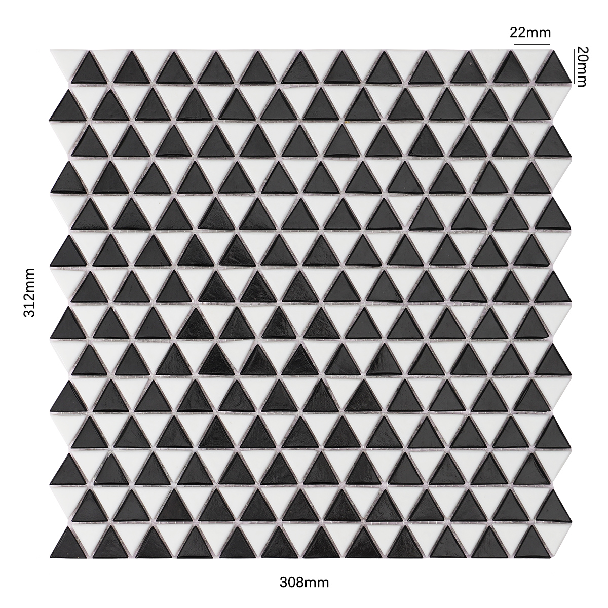 Black and White Triangle Shaped Glass Mosaic Floor Tile with size reference