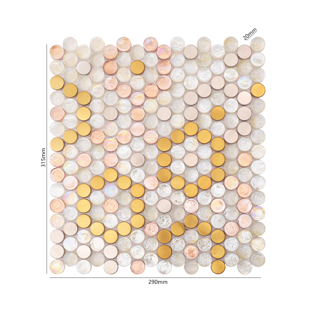 Front View of Glass Mix Metal Circle Pattern Mosaic Tile with Dimensions