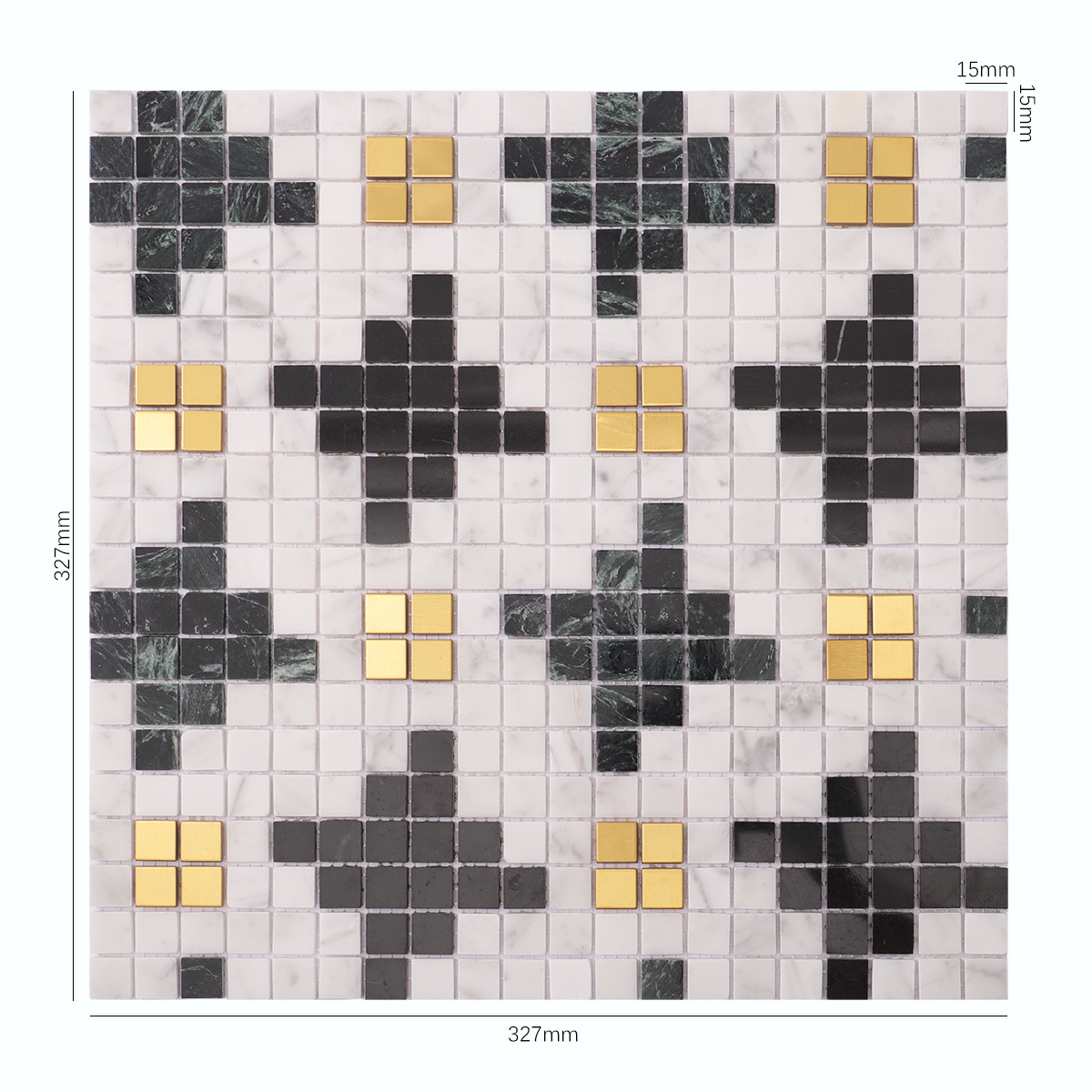 Front View of Green White Mix Gold Marble Metal Mosaic Tile with Size