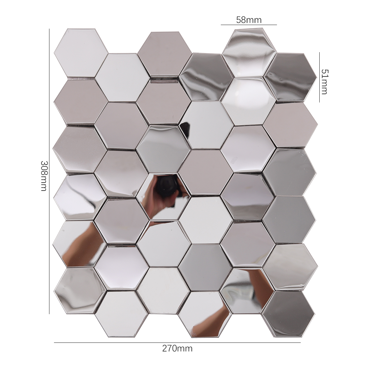 Front View of Hexagon 3D Silver Mirror Mosaic Tile with Dimensions