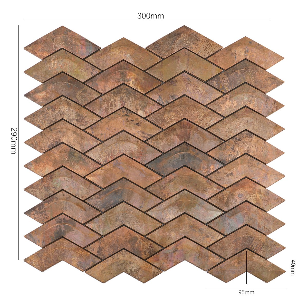 Front View of Herringbone Copper 3D Wave Mosaic Tile with Dimensions
