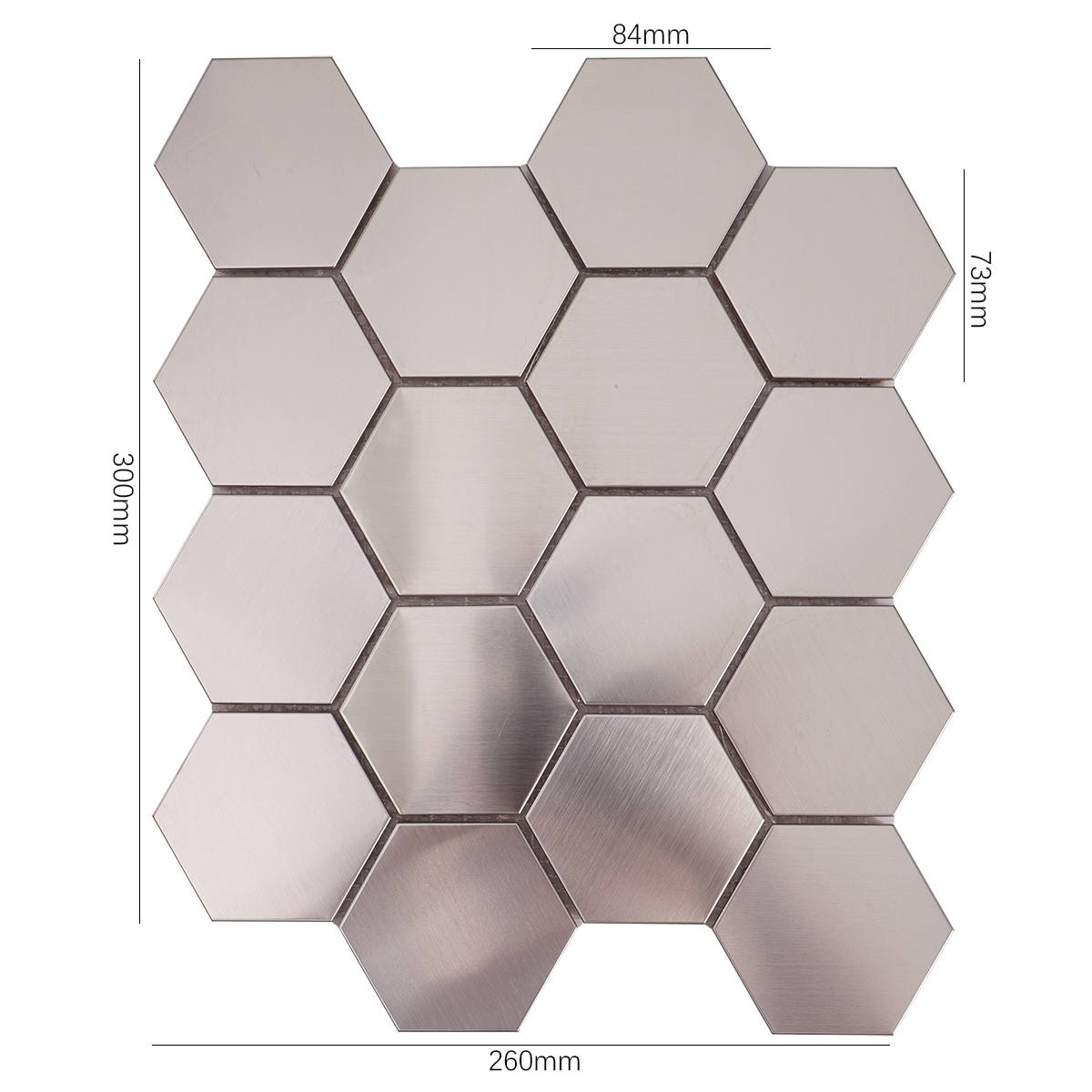 Front View of Honeycomb Hexagon Stainless Steel Mosaic Tile with Dimensions