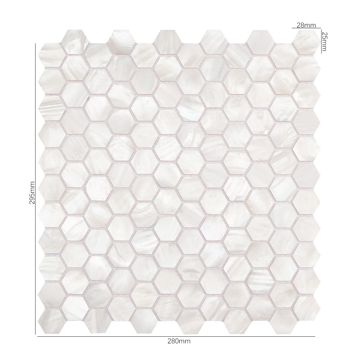 A sheet of white hexagon mother of pearl mosaic tiles with size specifications.