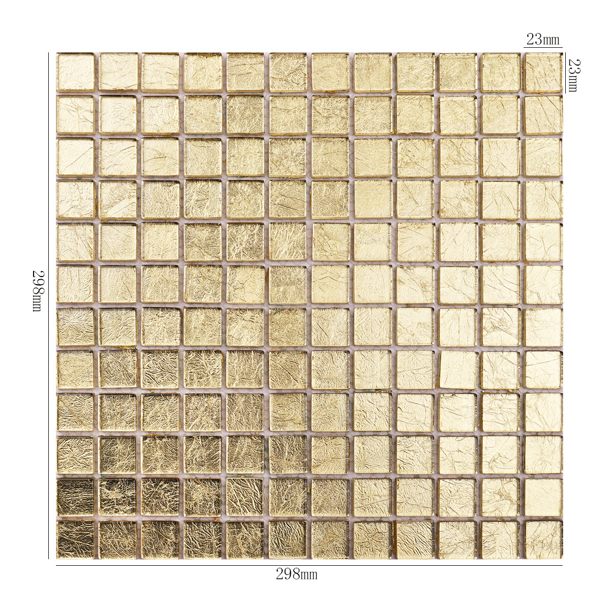 Front View of Glossy Gold Square Glass Mosaic Tile with Dimensions