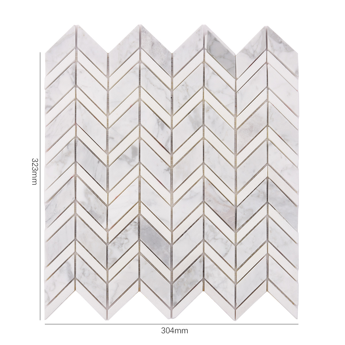 Front View of Carrara White Marble Herringbone Mosaic Tile with Dimensions