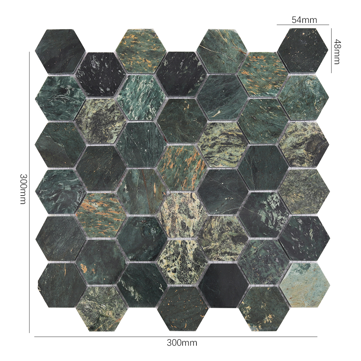 Front View of Indian Green Hexagon Marble Mosaic Tile with Dimensions