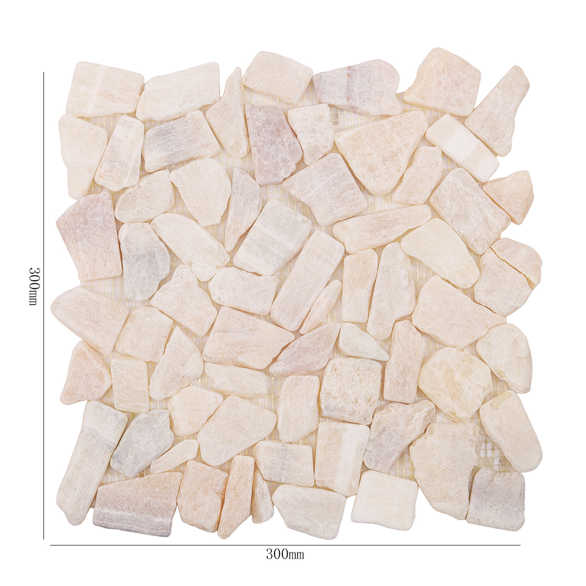 Front View of Beige Shaved Pebble Travertine Mosaic Tile with Dimensions