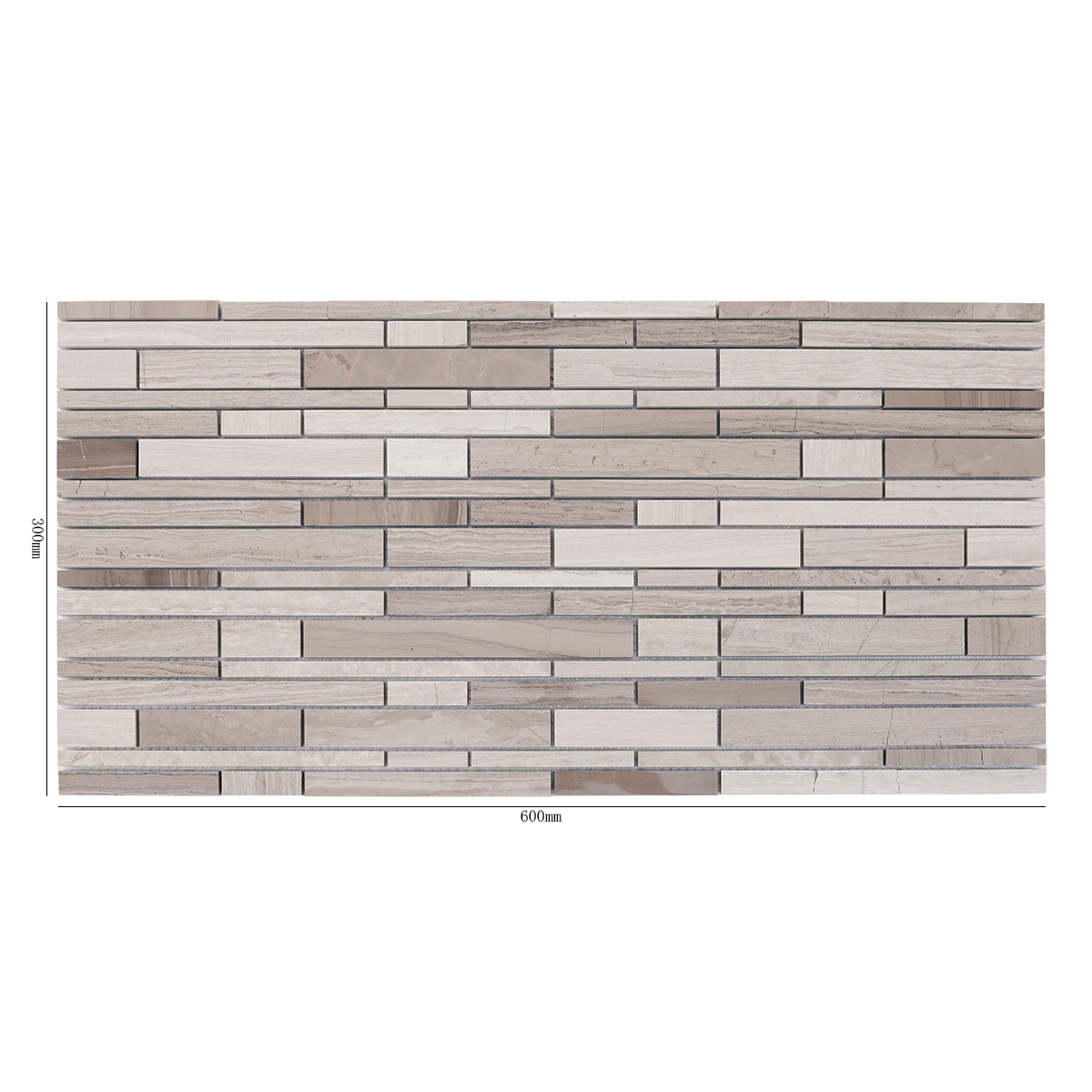 Front View of Wood Marble Linear Mosaic Tile with Dimensions