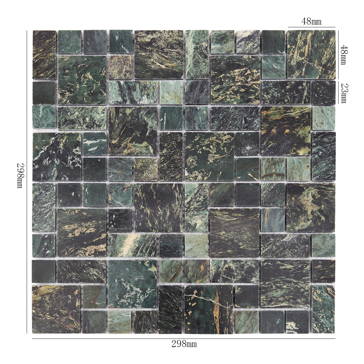 Front View of Dark Green Marble Mosaic Tile with Dimensions