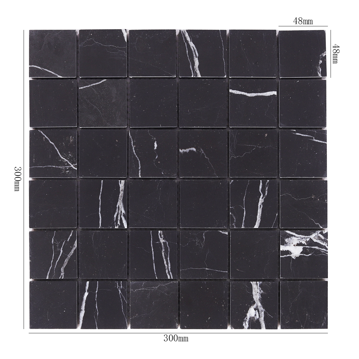 Nero Marquina black square marble mosaic tiles with dimensions shown.