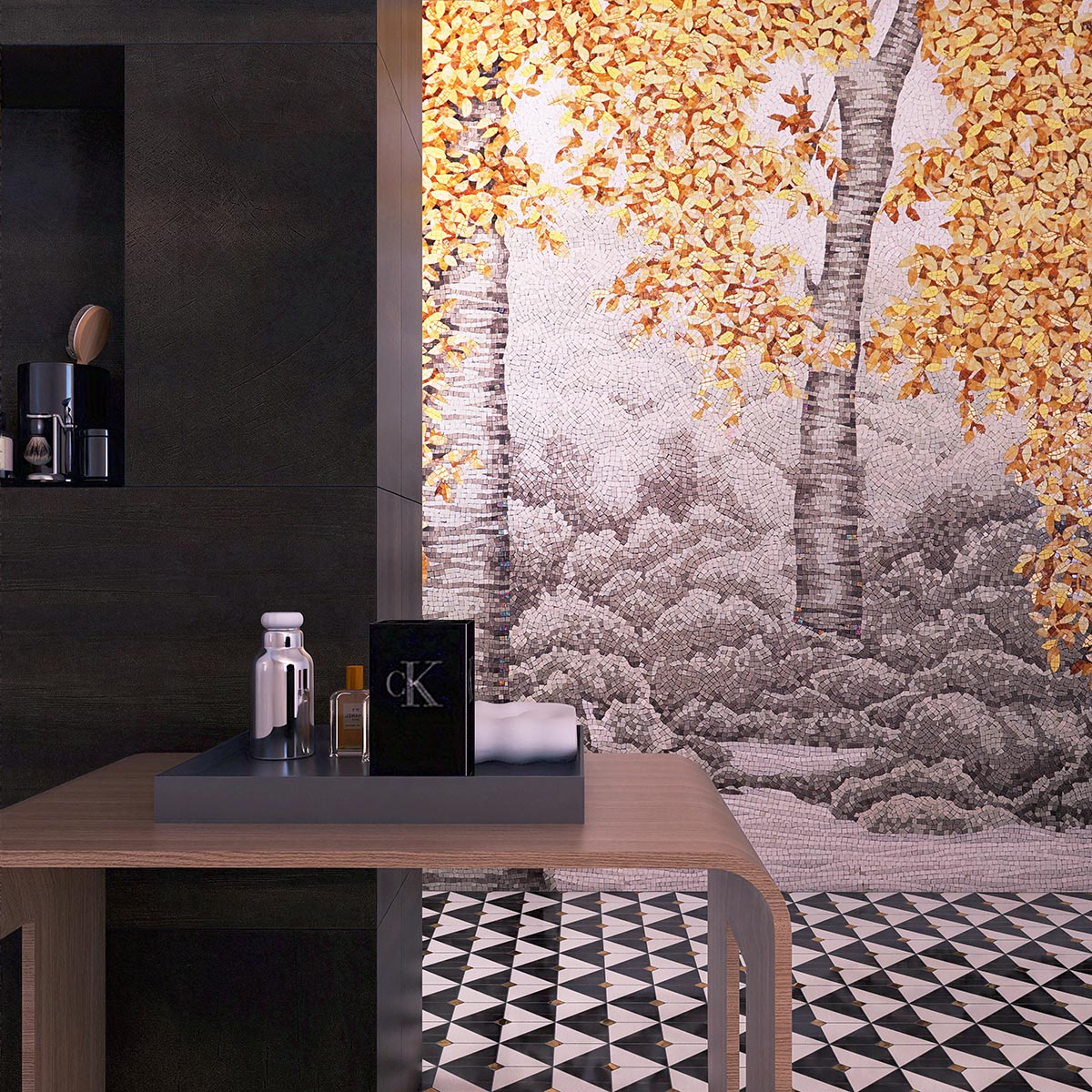 Golden Tree Mural Mosaic Art on Bathroom Wall with Black and White Floor Tiles
