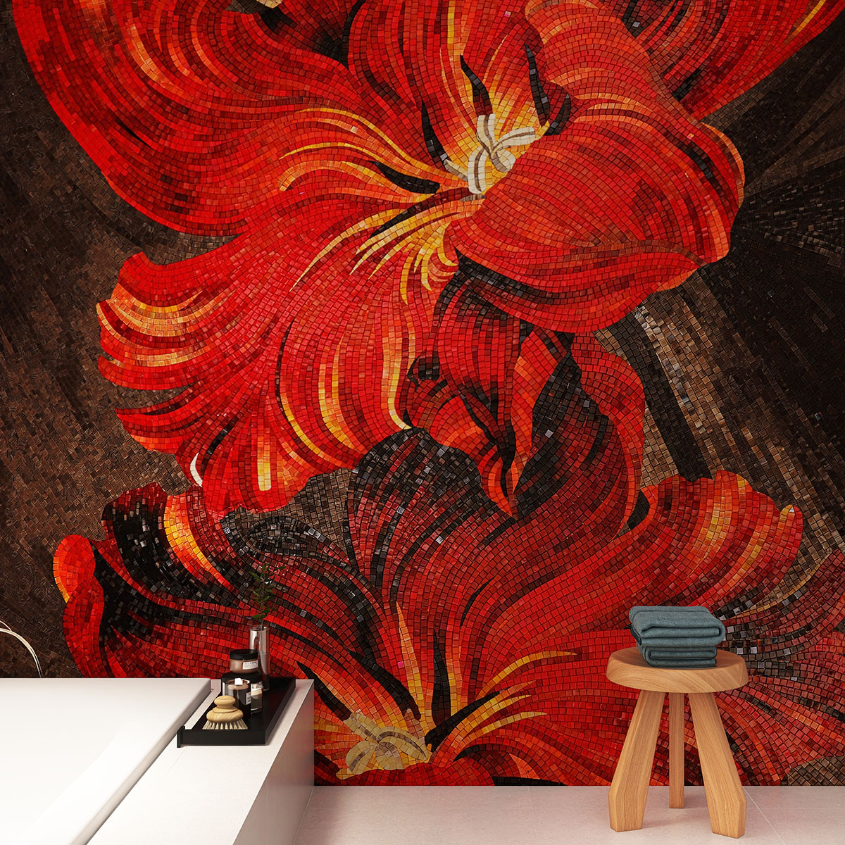 Large Red Flower Mosaic Art on Bathroom Wall with White Bathtub