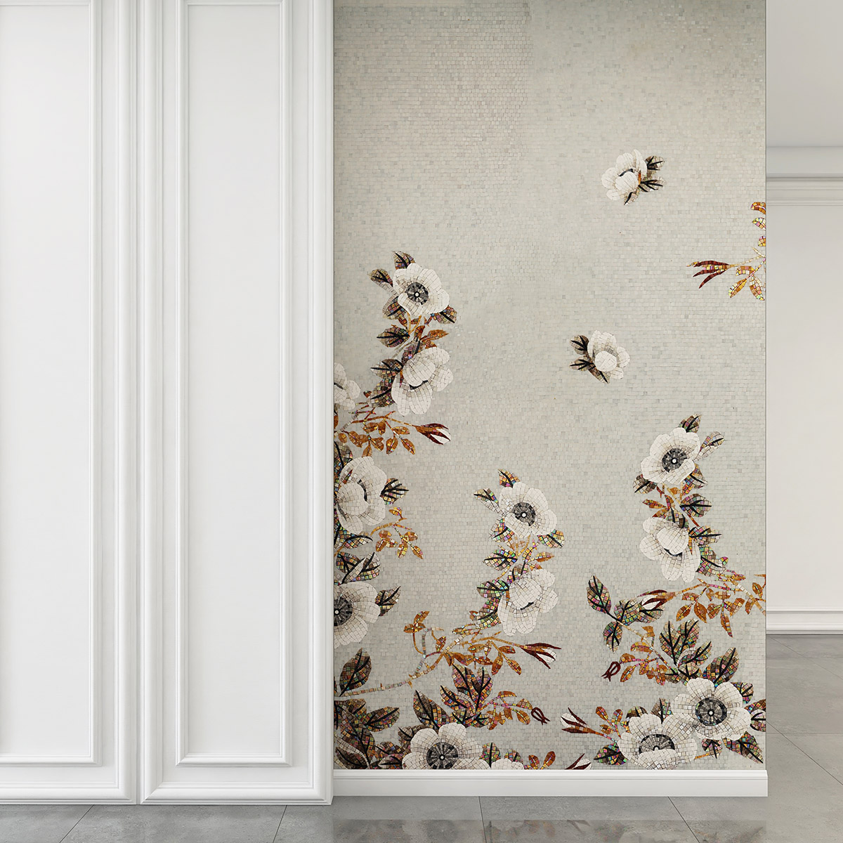 Hand-Cut Flower Glass Mosaic Mural on Entryway Wall