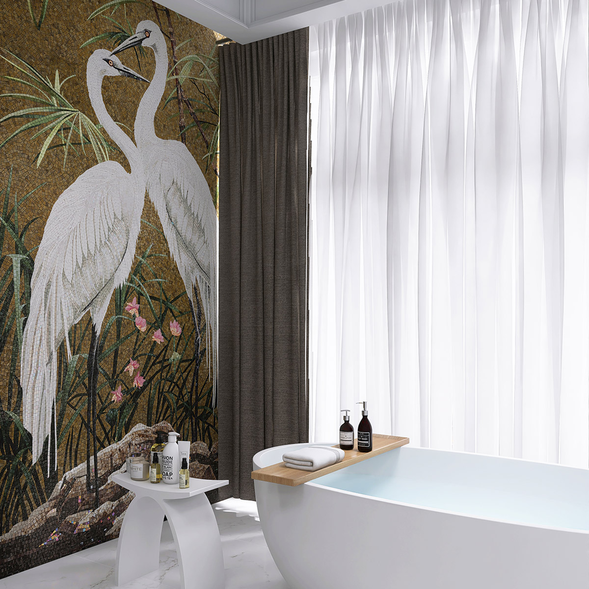 White Crane Bird Glass Mosaic Mural on Bathroom Wall with White Bathtub and Curtains