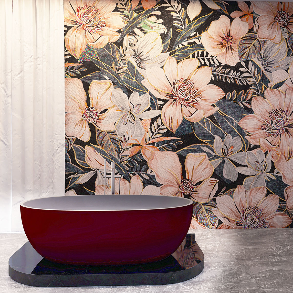 Floral Glass Mosaic Mural on Bathroom Wall with Red Bathtub and Gray Floor Tiles