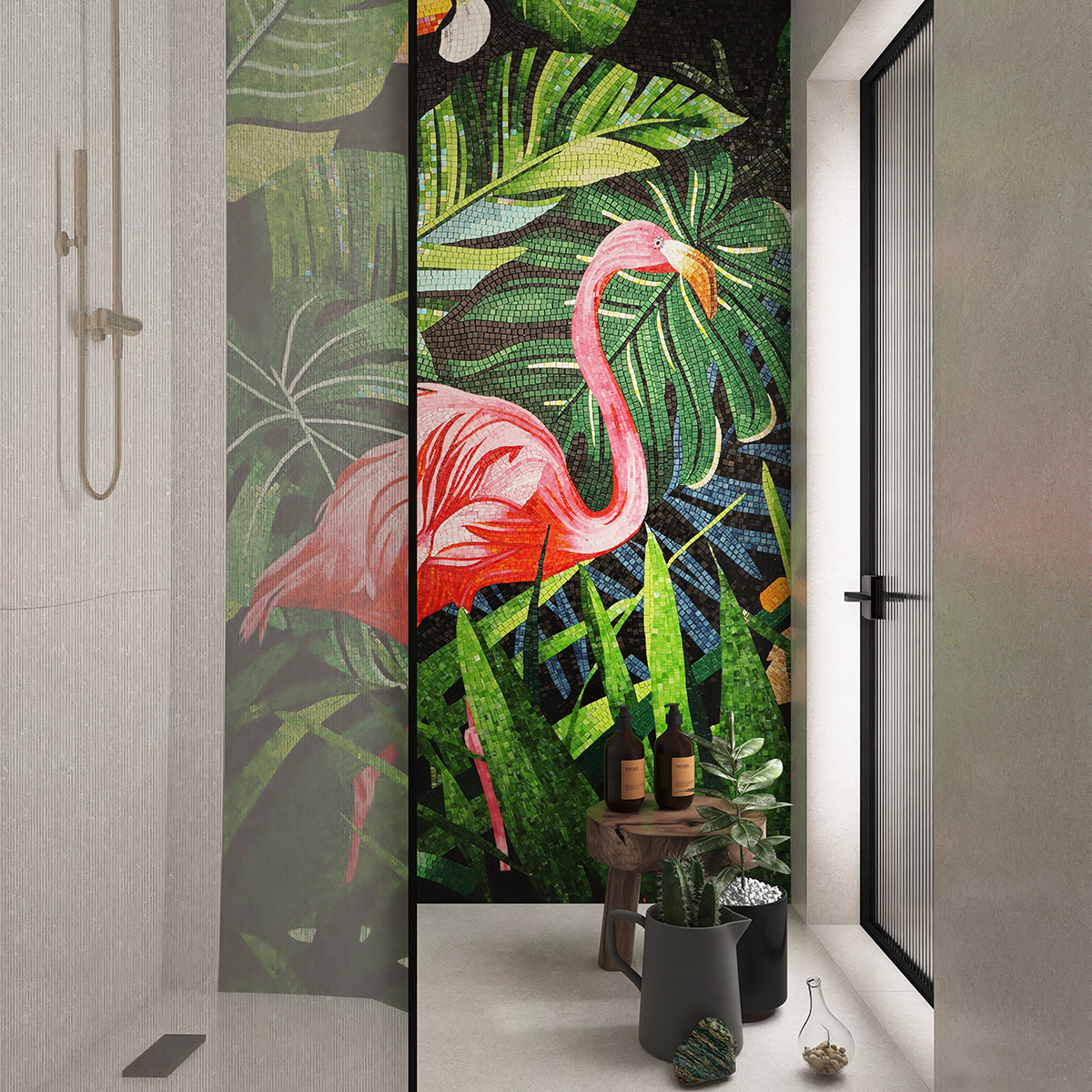 Flamingo Mosaic Design on Bathroom Wall with Gray Floor Tiles