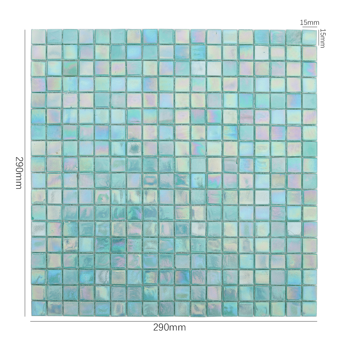 Front View of Iridescent Blue Green Mosaic Tile with Dimensions Displayed