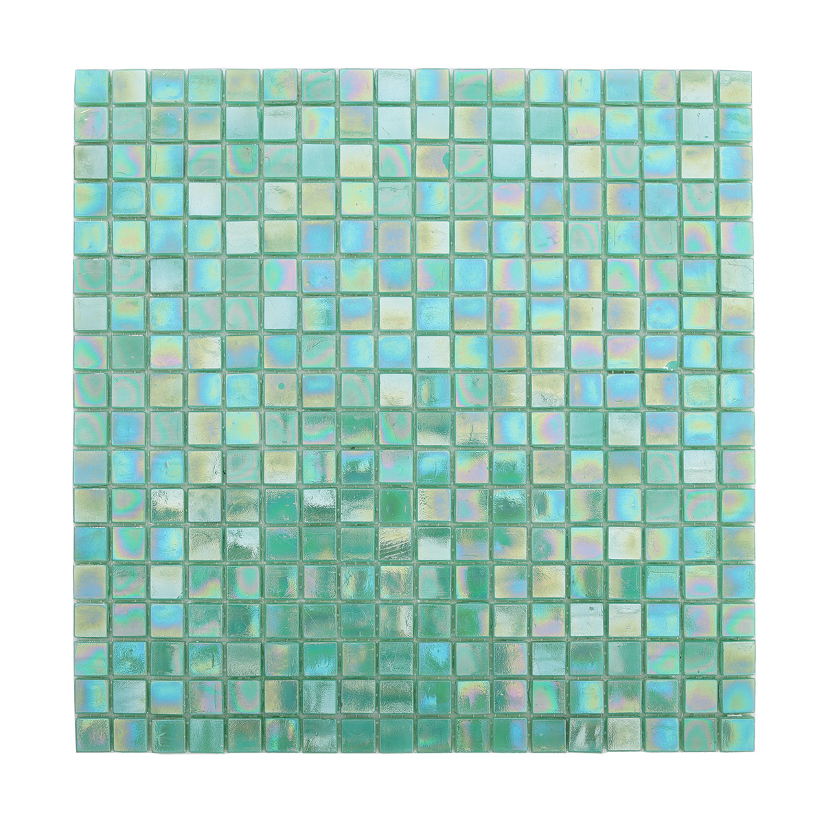 Front View of Iridescent Turquoise Glass Square Mosaic Light Green Floor Tile